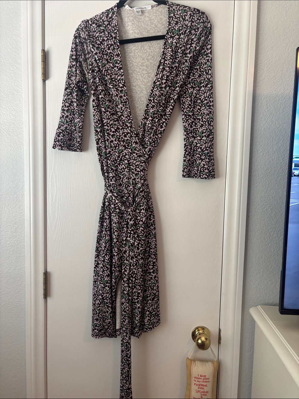 Diane Von Furstenberg Brown Wrap Midi Dress with Pink & Green Floral Print
